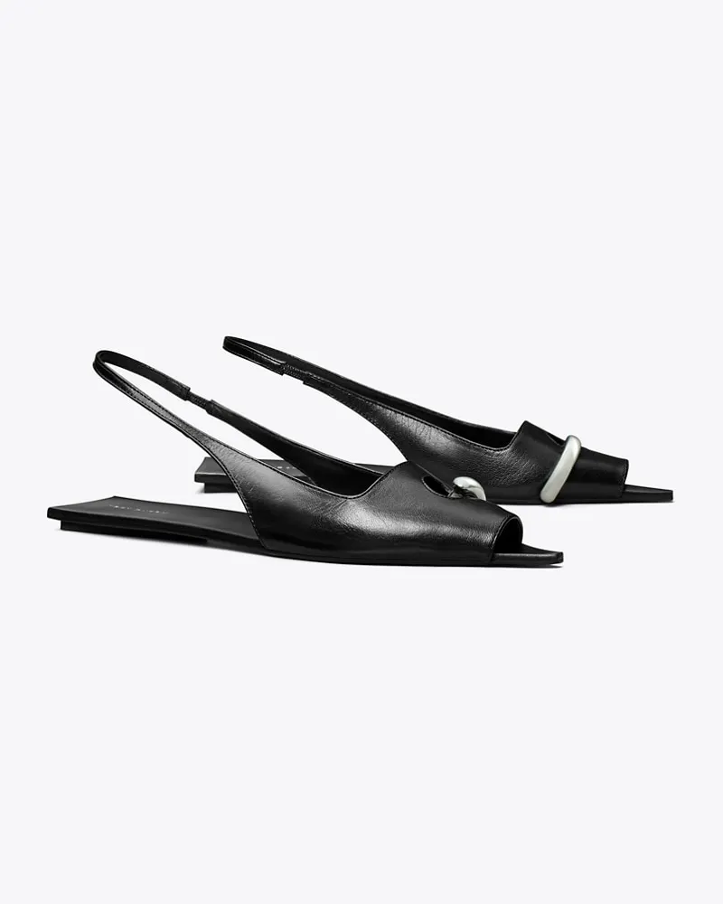 Tory Burch Damen Slingback-Flat mit perforiertem Detail in Schwarz/Schwarz/Silber Perfect