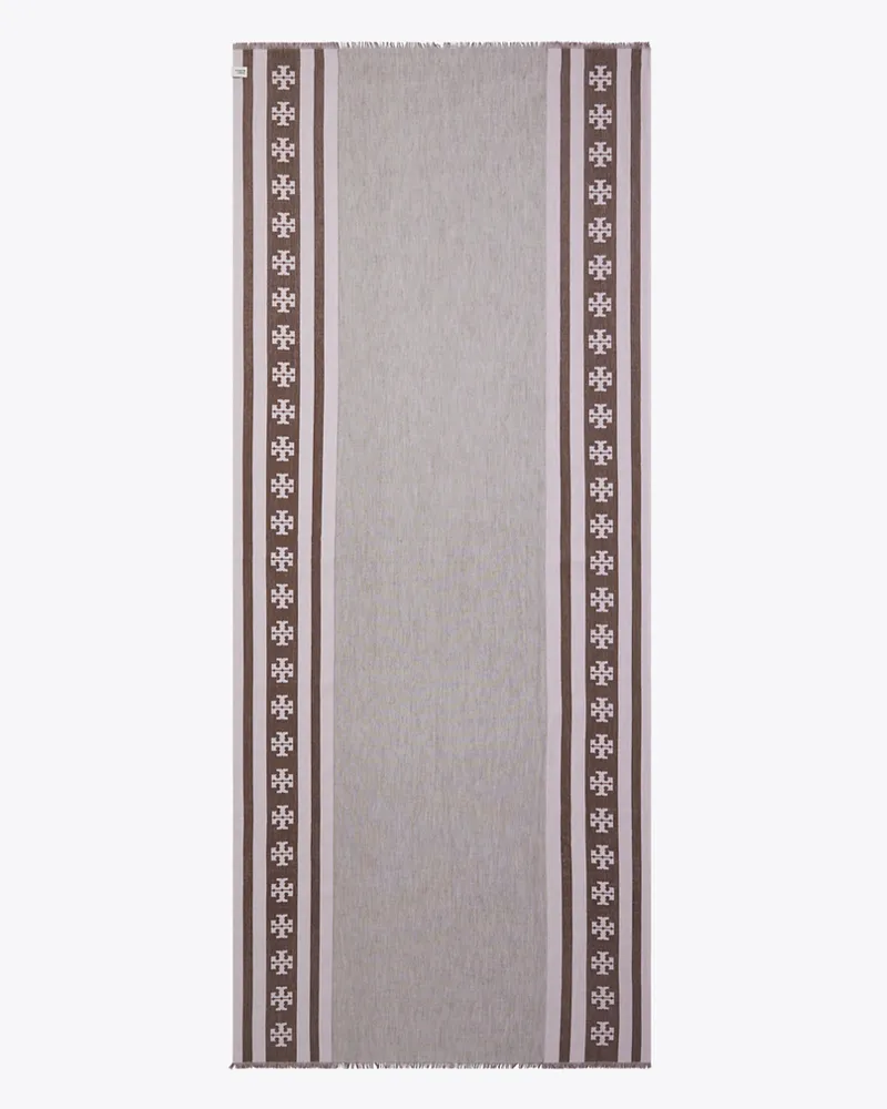 Tory Burch Damen Länglicher Schal mit Logo und Streifen Chocolate