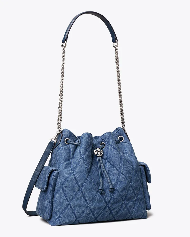 Tory Burch Damen Charlie Quilted Denim Drawstring Shoulder Bag Blue
