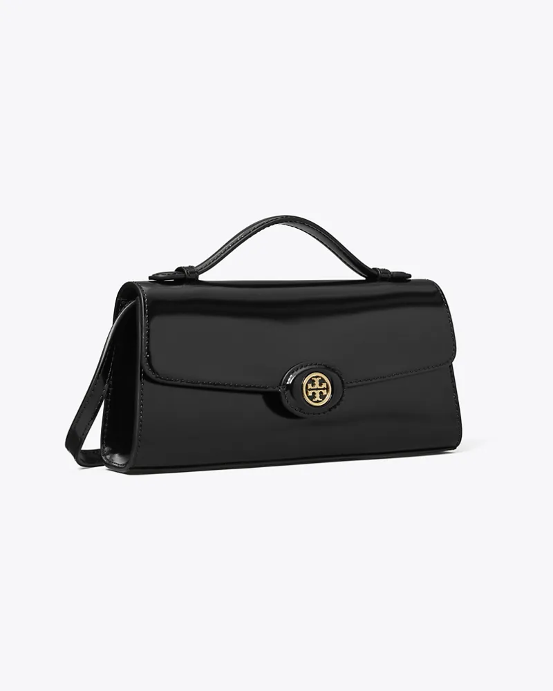 Tory Burch Damen Robinson Geldbörse aus Spazzolatoleder mit Tragegriff oben und Kette Black