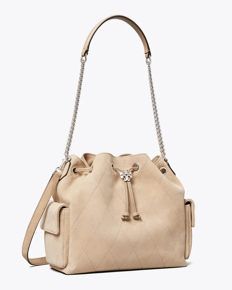 Tory Burch Damen Gesteppte Charlie Schultertasche aus Wildleder mit Tunnelzug Gray