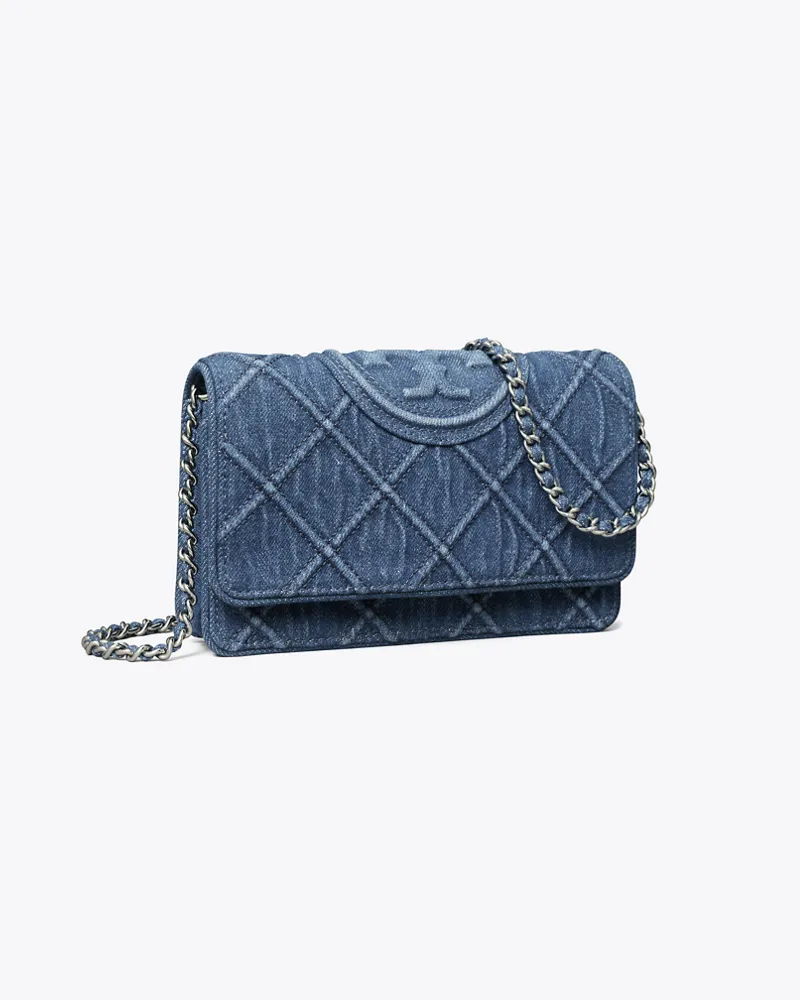 Tory Burch Damen Weiche Fleming Geldbörse aus Denim mit Kette Denim