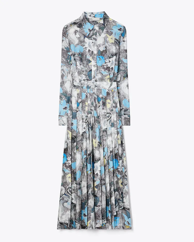 Tory Burch Printed Pleated Silk Twill Dress Blue