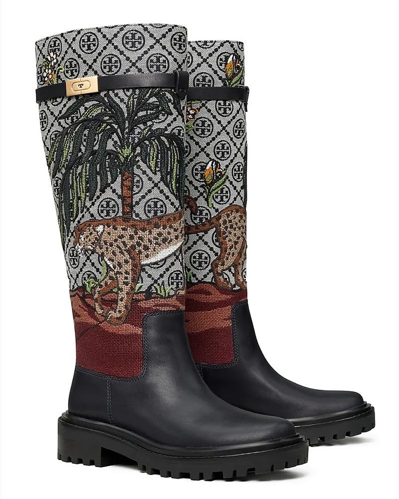 Tory Burch Bestickter Stiefel Mit T-Monogramm Aus Metall Navy