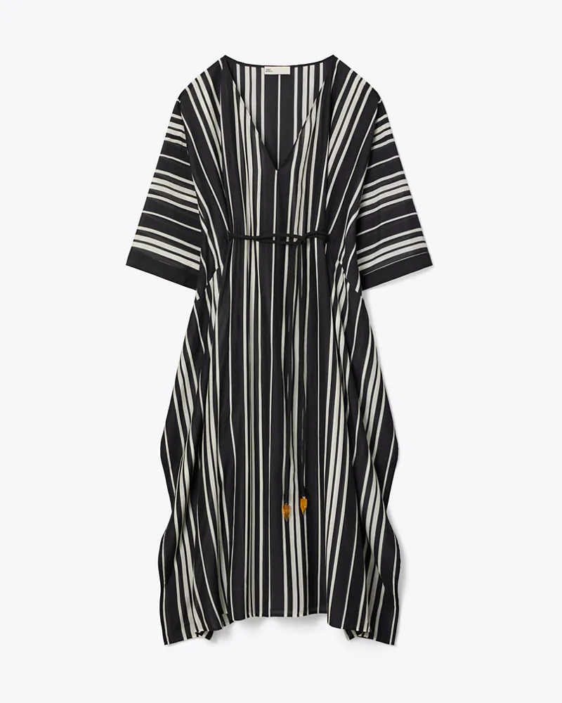 Tory Burch Damen Gestreifter Seidenkaftan mit Gürtel Black