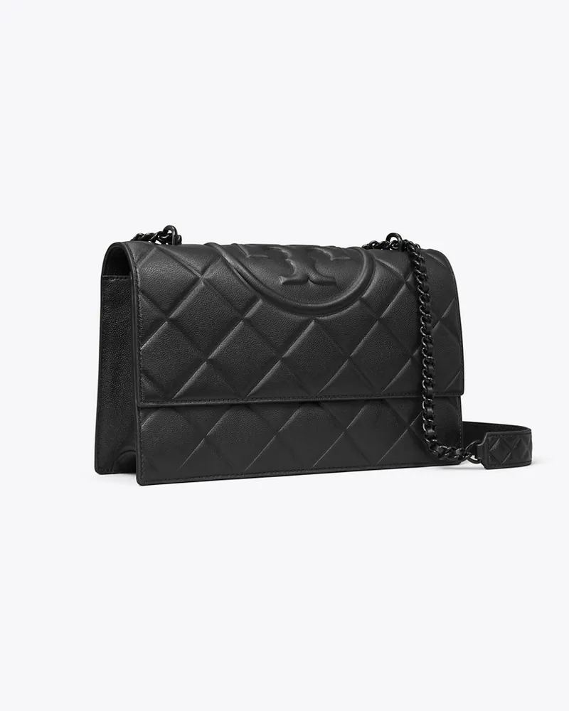 Tory Burch Damen Wandelbare Fleming Schultertasche aus poliertem Narbenleder Black