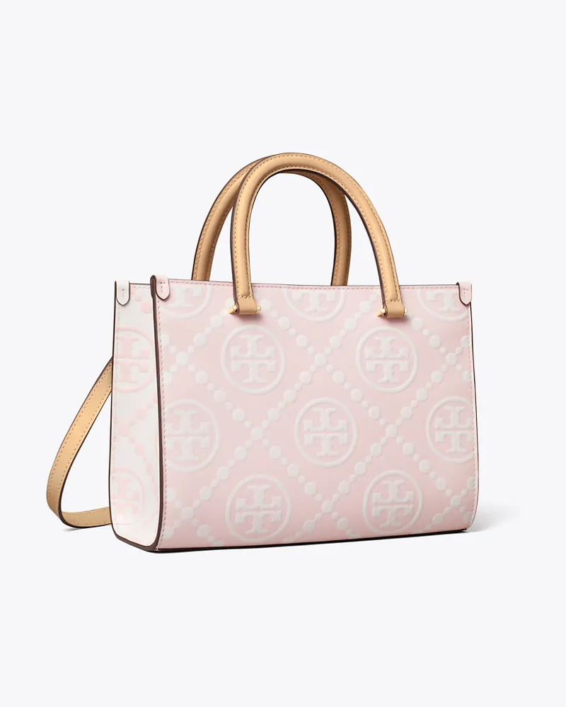 Tory Burch Damen Kontrastierend geprägte Tote Bag mit T-Monogramm und Tragegriff oben Powder
