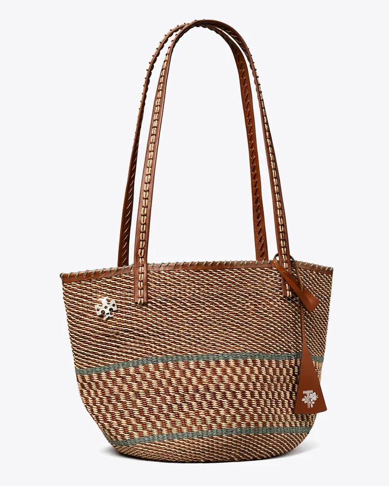 Tory Burch Große handgewebte Tote Bag aus Korbgeflecht Cognac