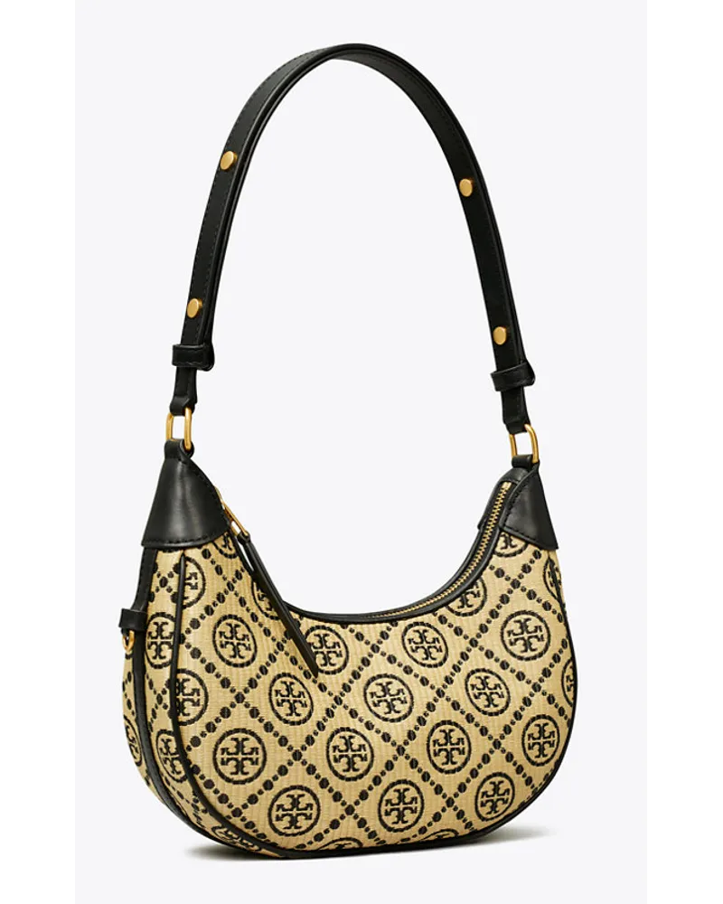 Tory Burch T Monogram Raffia Crescent Bag Black