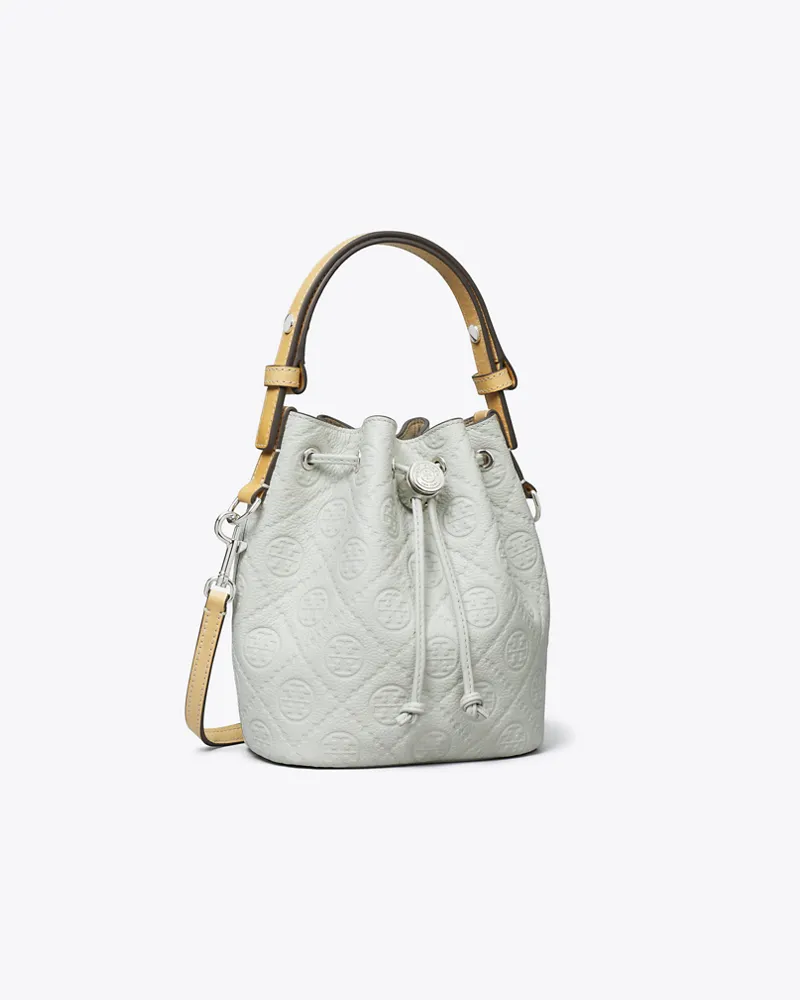Tory Burch Damen Strukturierte Mini Bucket Bag mit T-Monogramm Light