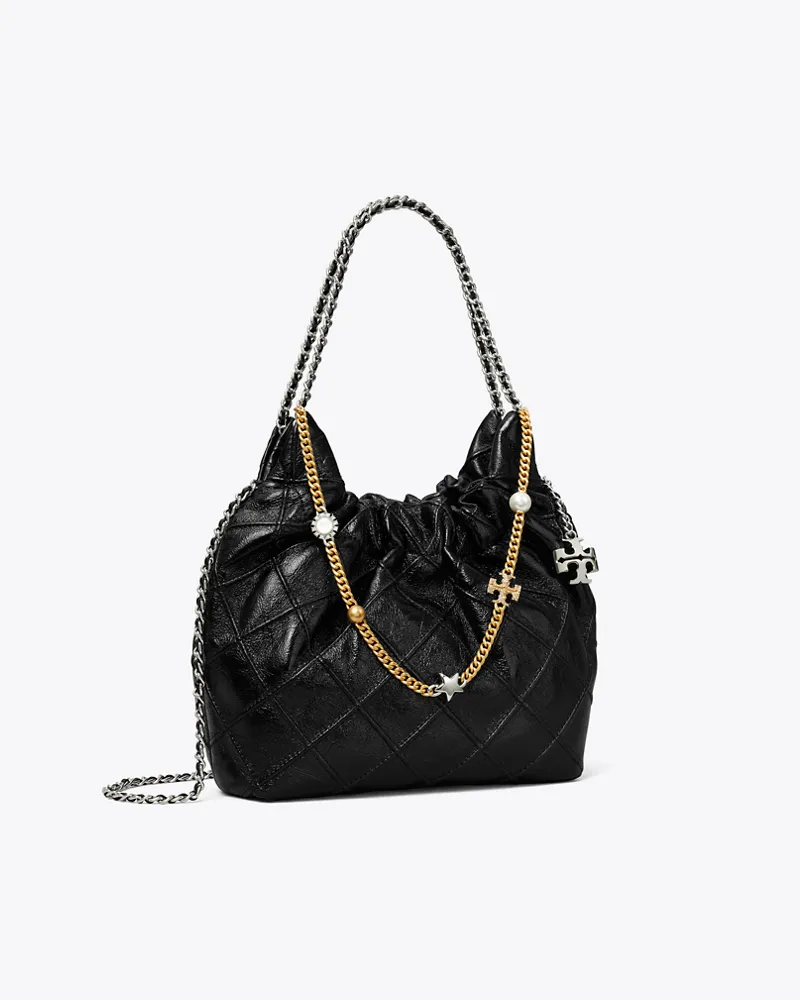 Tory Burch Damen Weiche Fleming Mini Bag in Used-Optik mit Tunnelzug Black