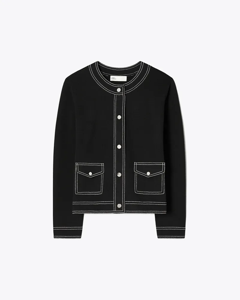 Tory Burch Damen Topstitch Wool Cardigan Black