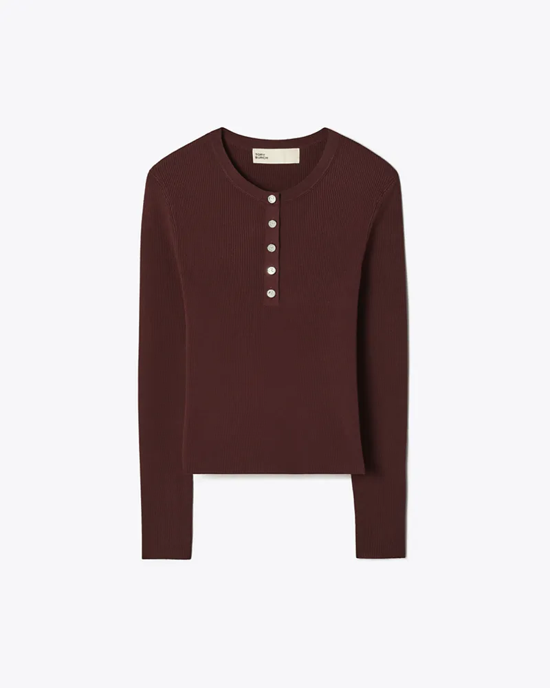 Tory Burch Damen Geripptes Henley-Top aus Viskose Dark