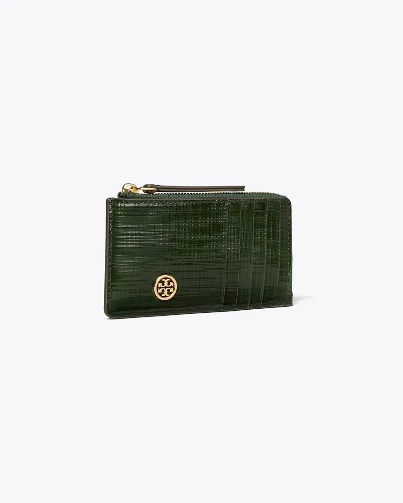 Tory Burch Robinson Crosshatched Zip Card Case Dark