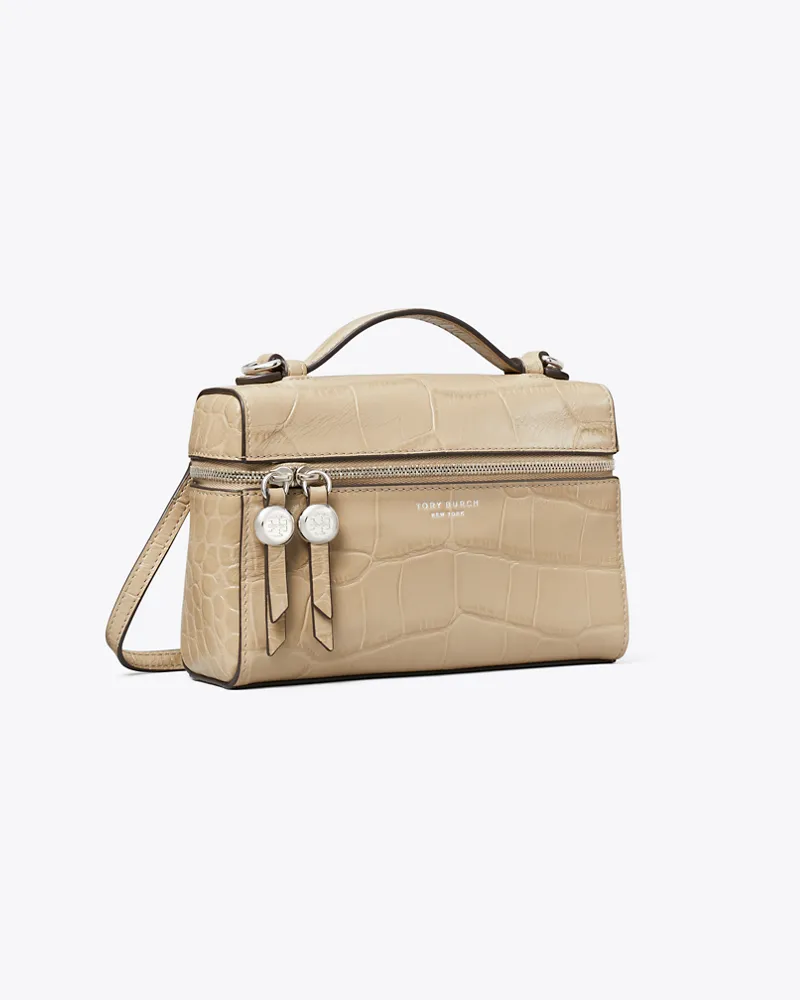 Tory Burch Damen Schmale Romy Tasche mit Krokoprägung und Tragegriff oben Light