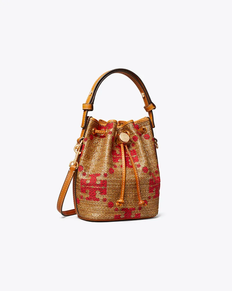 Tory Burch Damen T Monogram Straw Mini Bucket Bag Natural