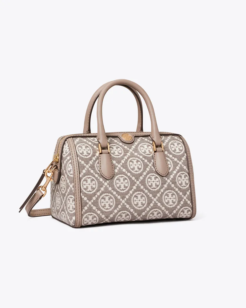 Tory Burch Damen T Monogram Coated Jacquard Petite Barrel Bag Charcoal