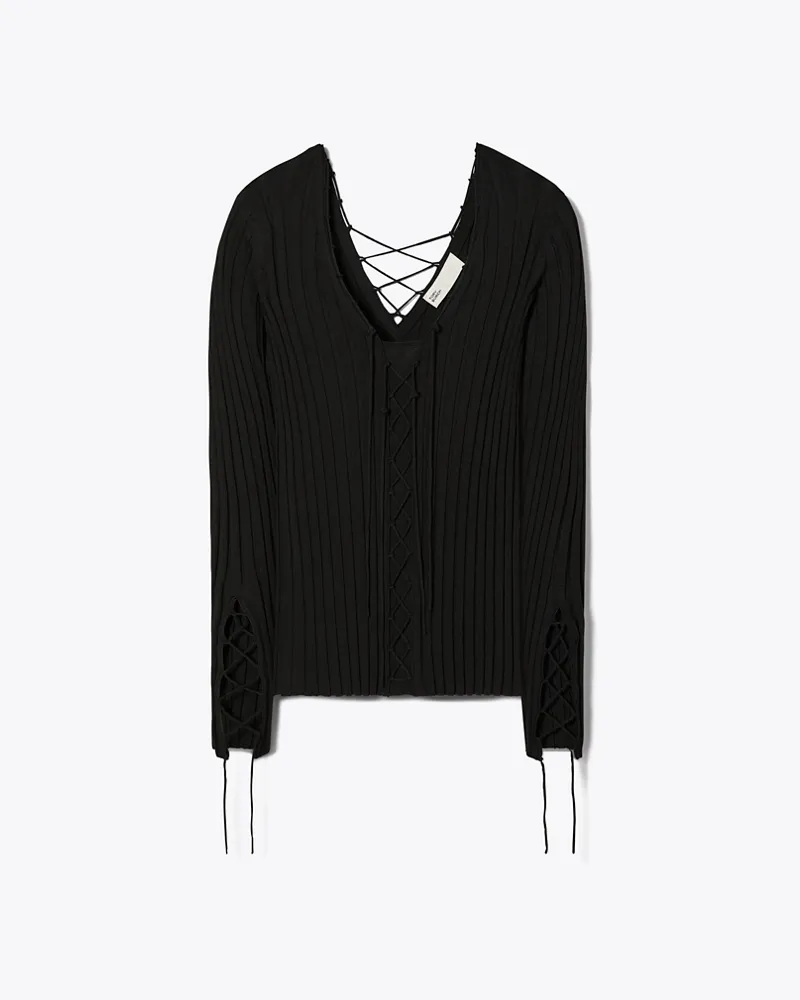 Tory Burch Damen Wollpullover mit Schnürung Black