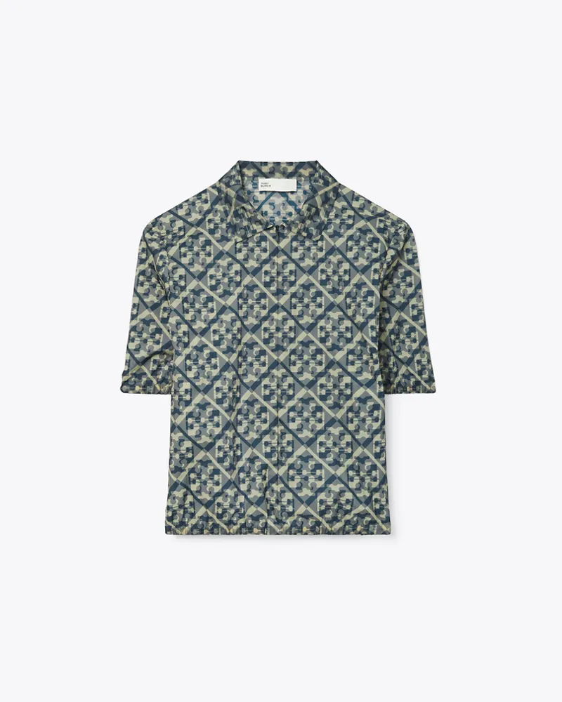 Tory Burch Damen Nylonpoloshirt mit Reißverschluss und Prismatic-T-Monogramm Smoky
