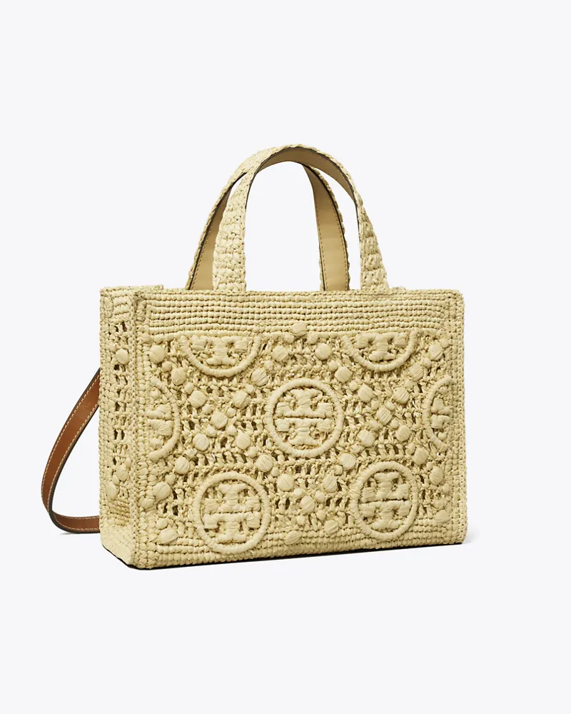 Tory Burch Damen Tote Bag aus Raffiabast mit T-Monogramm und Tragegriff oben Natural