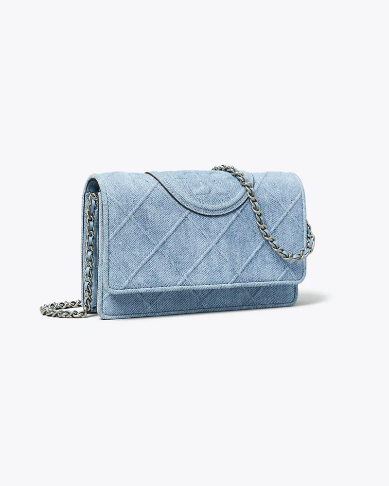 Tory Burch Damen Fleming Geldbörse aus Wildleder mit Denim-Print und Kettenriemen Denim