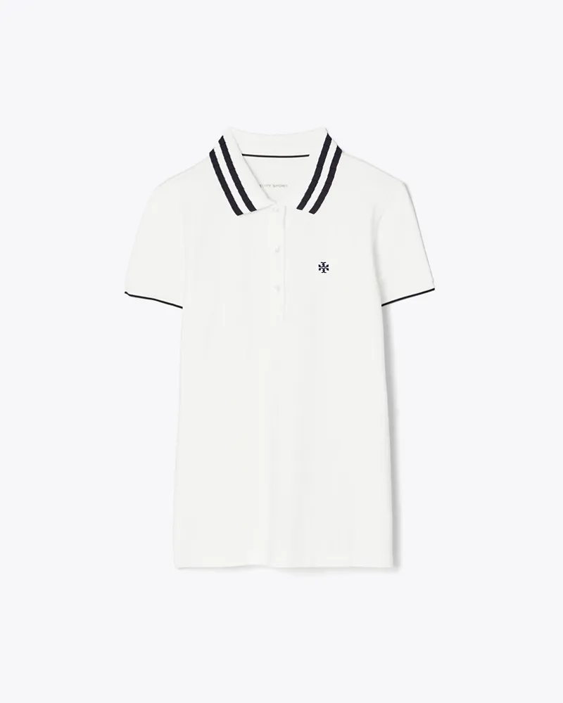 Tory Burch Damen Performance-Poloshirt aus Piqué mit Plisseekragen in Weiß/Blau Snow