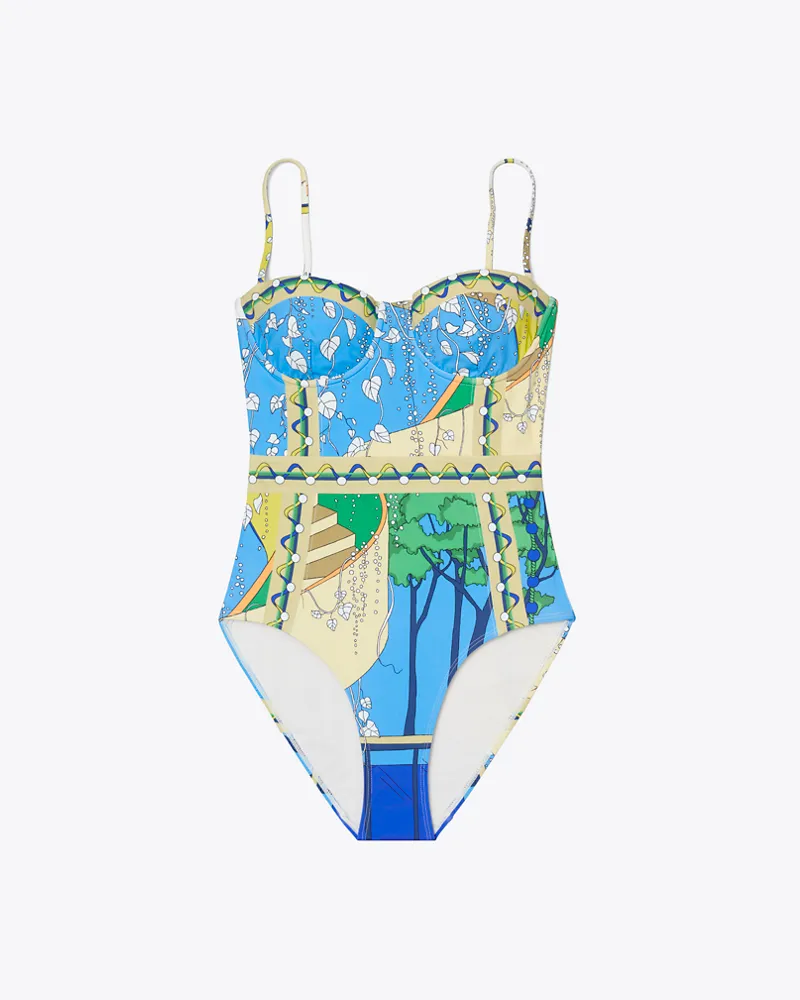 Tory Burch Damen Printed Swimsuit Green