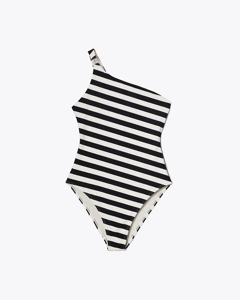 Tory Burch Gestreifter One-Shoulder-Badeanzug Black