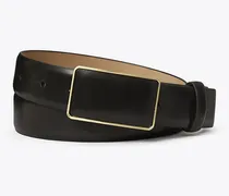 Damen Gürtel aus glattem Leder mit Plakette in Schwarz/Gold