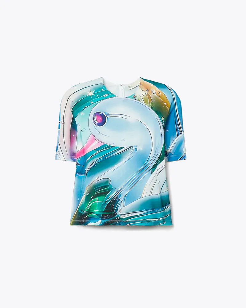 Tory Burch Damen Bedrucktes Baumwoll-T-Shirt Blue