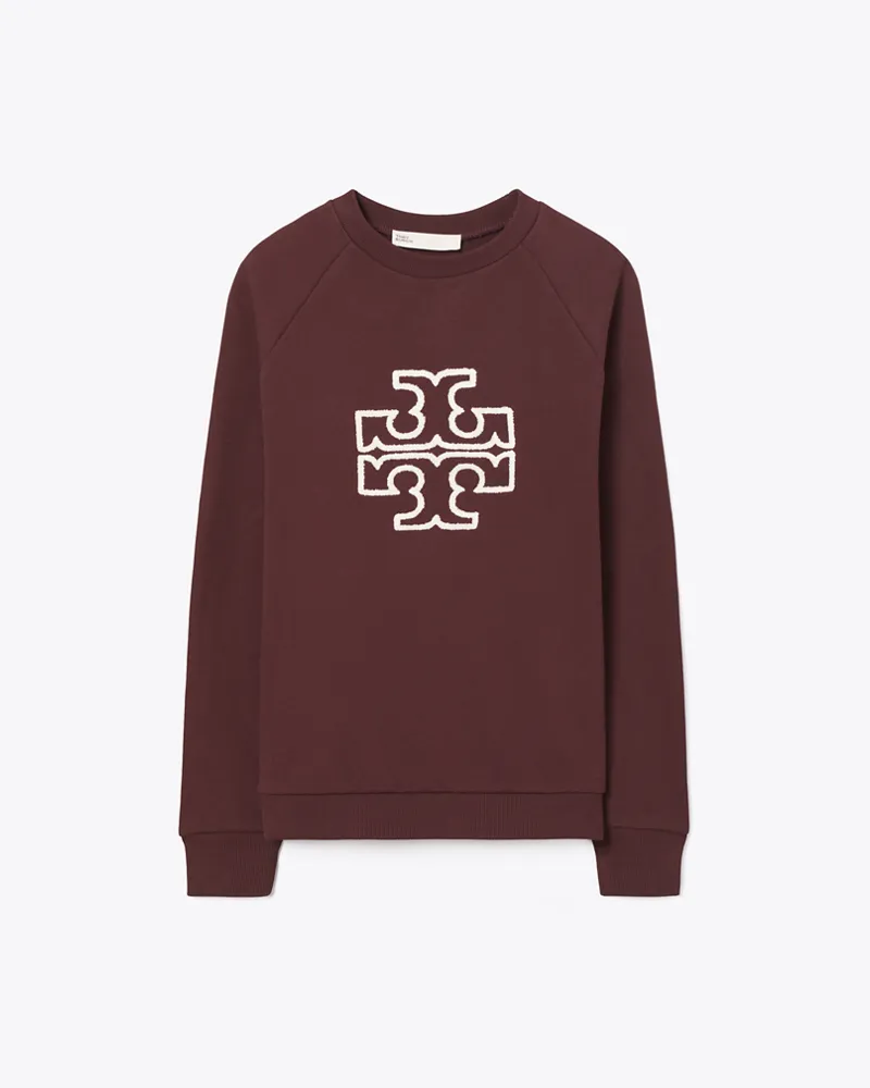 Tory Burch Damen Rundhalstop aus Merinofrottee mit Raglanärmeln und Logo Dark