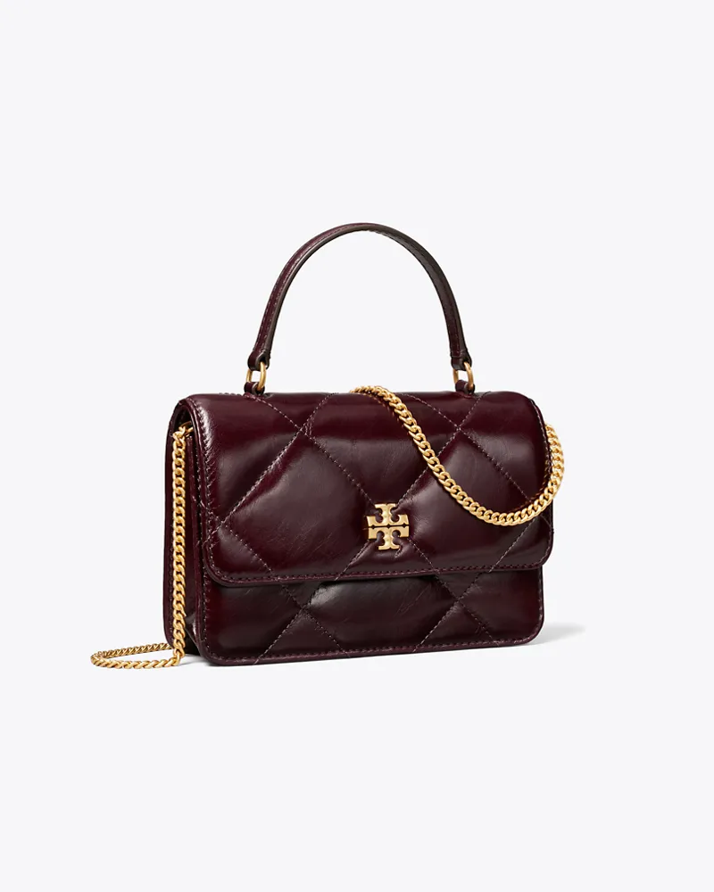 Tory Burch Mini Kira Crossbody Bag in Vintage-Optik mit Rautensteppung und Tragegriff oben Dark