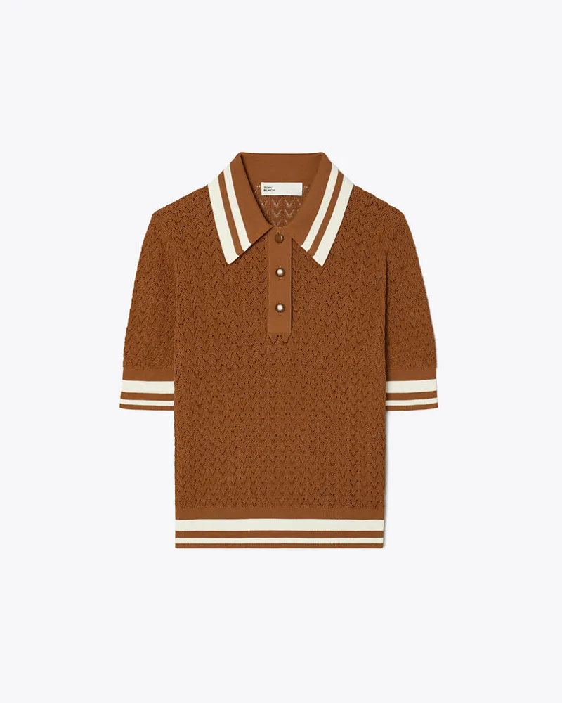 Tory Burch Cotton Pointelle Polo Cinnamon