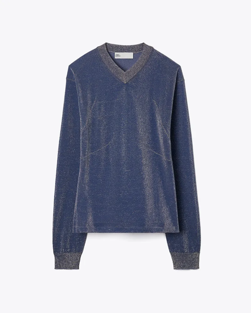 Tory Burch Damen Pullover in Metallic mit V-Ausschnitt Blue