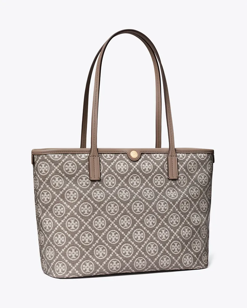 Tory Burch Damen Kleine Tote Bag aus beschichtetem Jacquard mit T-Monogramm und Reißverschluss Charcoal