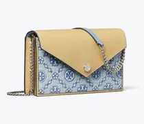 Damen Geldbörse im Kuvert-Stil aus Denim mit T-Monogramm und Kette