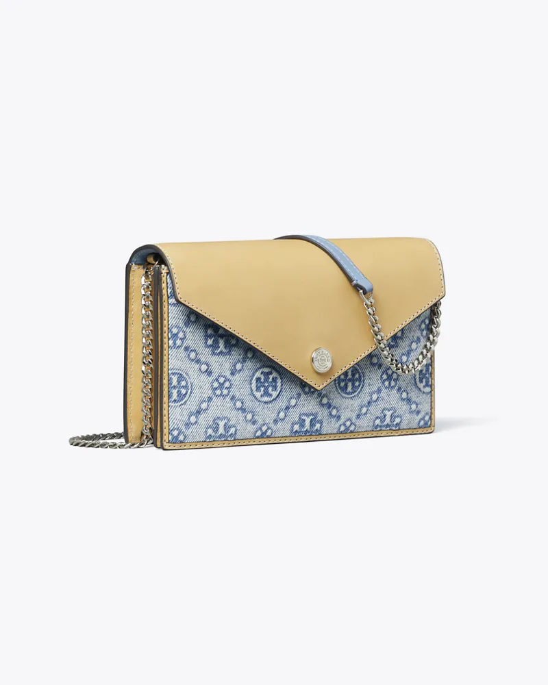 Tory Burch Damen Geldbörse im Kuvert-Stil aus Denim mit T-Monogramm und Kette Seltzer