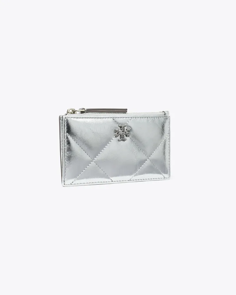 Tory Burch Damen Kira Diamond Quilt Metallic Zip Card Case Silver