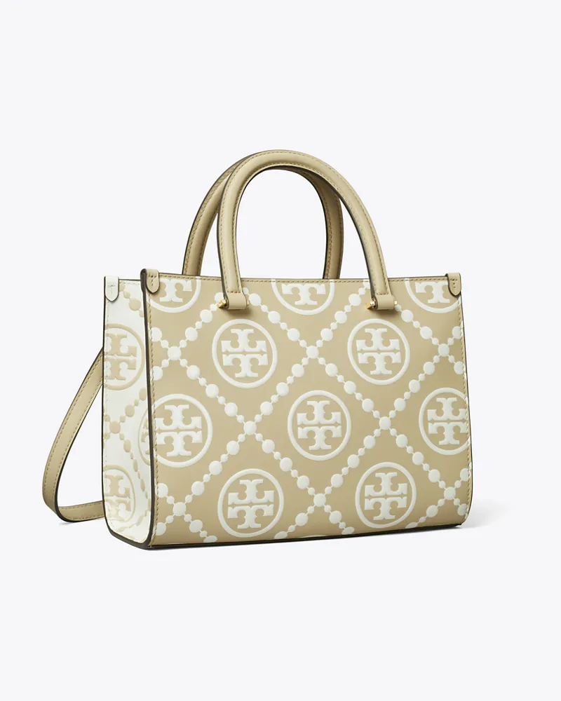 Tory Burch Damen Kontrastierend geprägte Tote Bag mit T-Monogramm und Tragegriff oben Beige