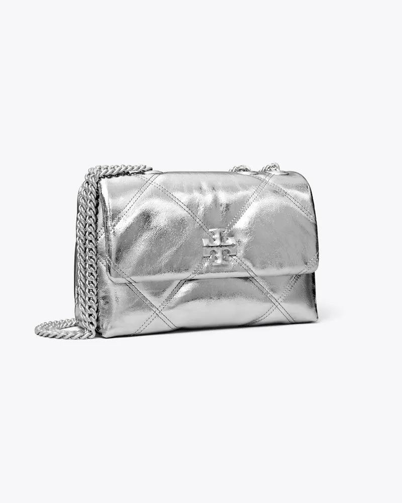Tory Burch Damen Kleine, wandelbare Kira Schultertasche in Metallic mit Rautensteppung Silver