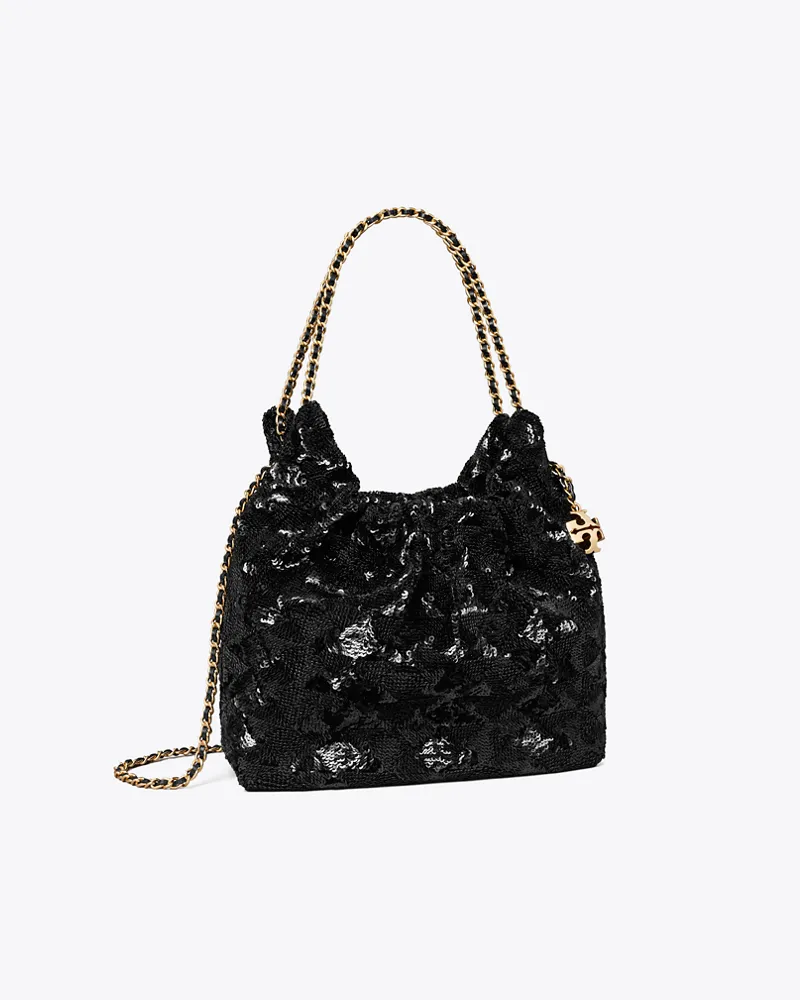 Tory Burch Damen Mini Fleming Sequin Hobo Bag Black