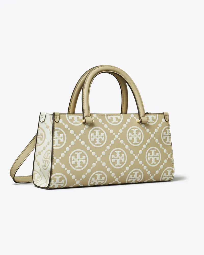 Tory Burch Damen Kleine, kontrastierend geprägte Tote Bag im Querformat mit T-Monogramm Beige
