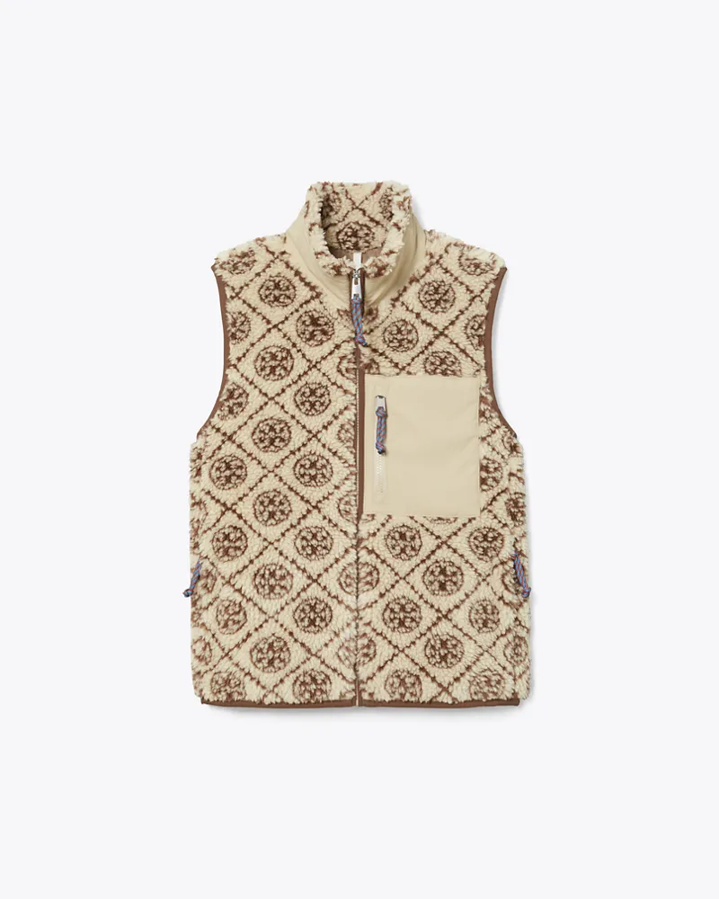 Tory Burch Damen Fleeceweste mit T-Monogramm Oatmeal