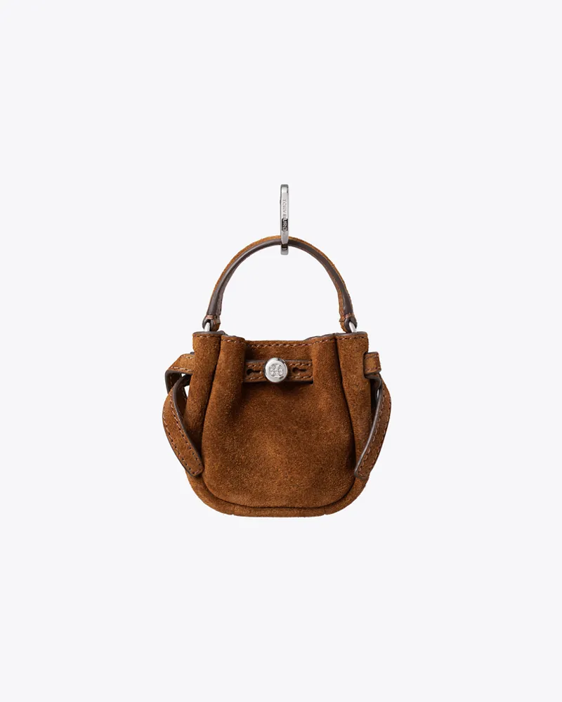 Tory Burch Romy Bucket Bag aus Wildleder mit Anhänger Caramel