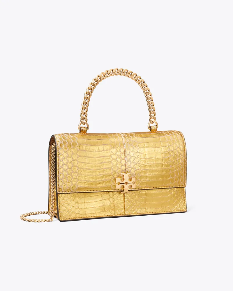 Tory Burch Mini Charlie Crossbody Bag aus Schlangenleder mit Tragegriff oben Gold