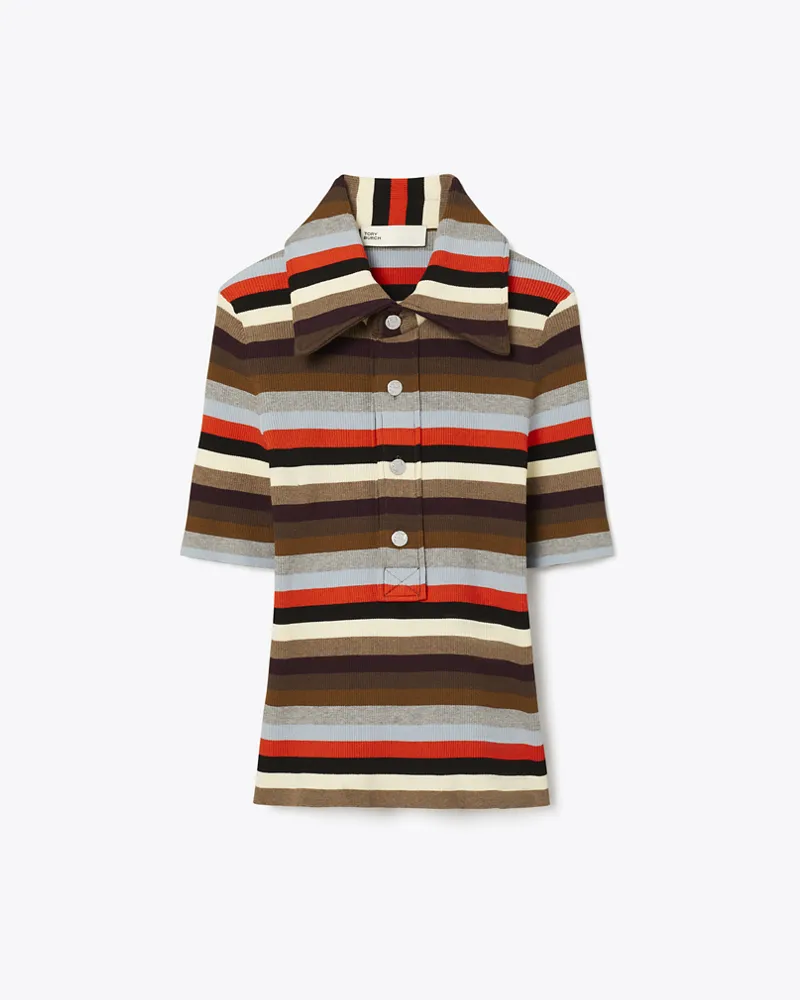 Tory Burch Damen Geripptes Poloshirt aus Viskose mit Streifen Red