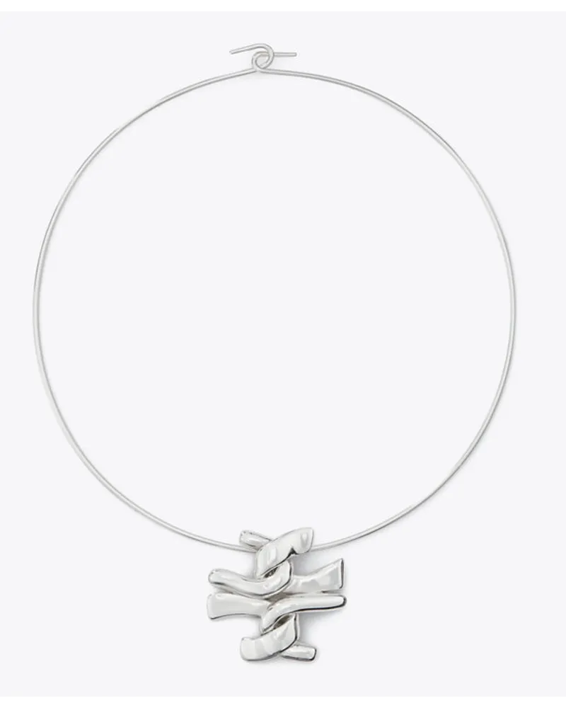 Tory Burch Twisted T Collar Necklace Silver