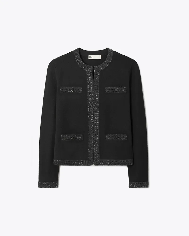 Tory Burch Damen Kendra Embellished Wool Cardigan Black