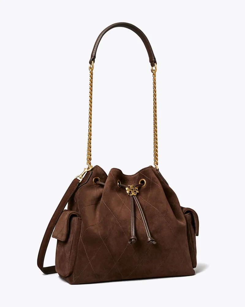 Tory Burch Gesteppte Charlie Schultertasche aus Wildleder mit Tunnelzug Dark
