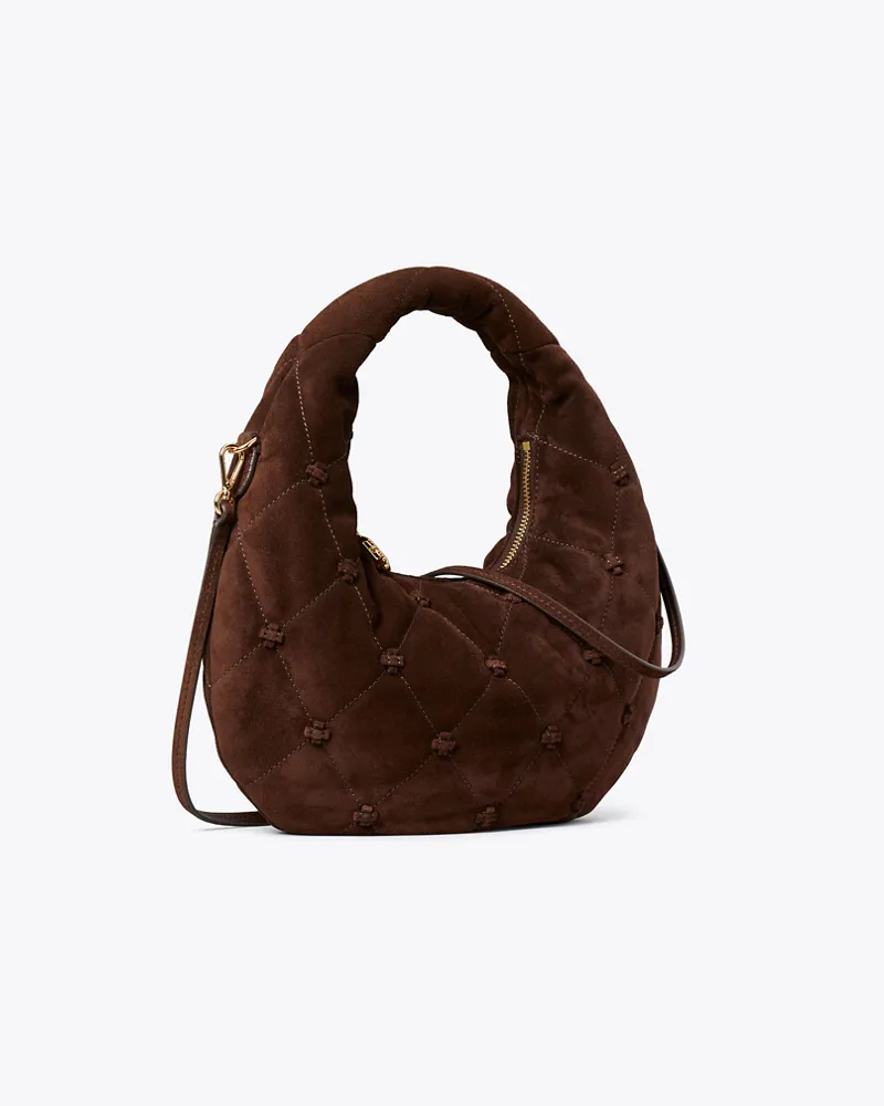 Tory Burch Bunny Knot Crescent Bag aus Wildleder Dark